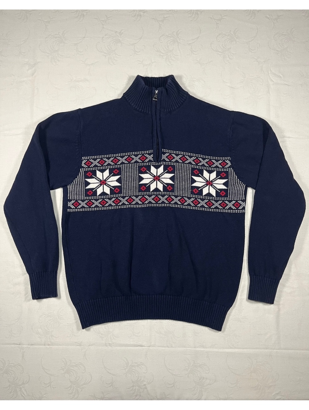 Men’s Weatherproof Vintage Knit 1/4 Zip Navy Blue Snowflake Winter Large Sweater